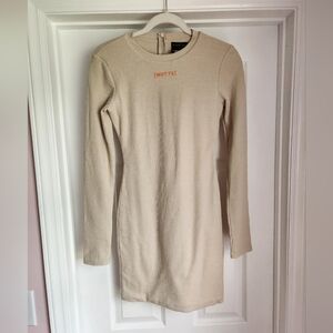 White Fox Boutique Bodycon Dress, Size S, Beige with Logo on Front
